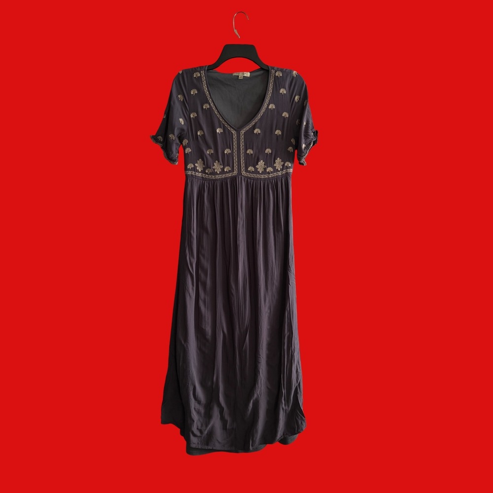 Polagram Charcoal Purple Embroidered Floral Boho Maxi Dress Small V-Neck Flowy